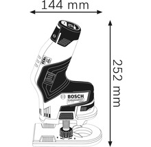 Abbildung eines Bosch GKF 12V-8 Akku-Fräse mit den Maßen 144 mm Breite und 252 mm Höhe
