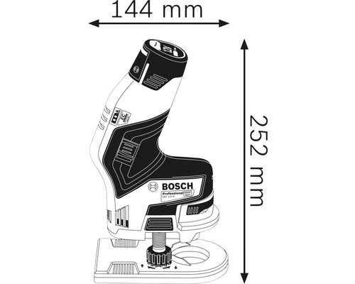 Abbildung eines Bosch GKF 12V-8 Akku-Fräse mit den Maßen 144 mm Breite und 252 mm Höhe