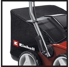 Detailansicht eines Rasenmähers mit Fangkorb und Einhell Logo.