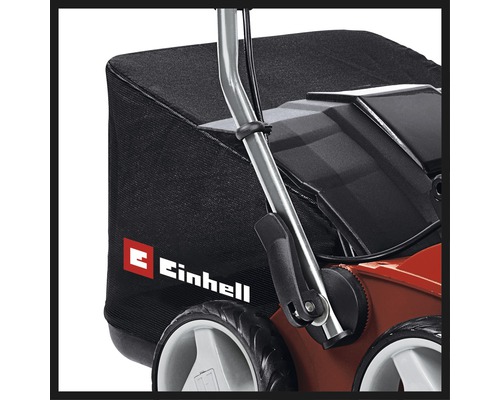 Detailansicht eines Rasenmähers mit Fangkorb und Einhell Logo.