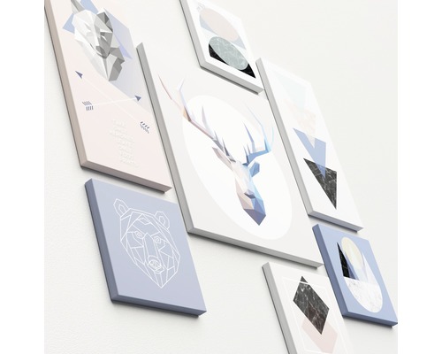 Mehrteiliges Wandbild mit abstrakten Tierdarstellungen und geometrischen Formen