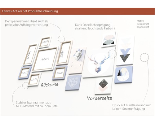 Sieben Leinwandbilder mit Tier Motiven und geometrischen Formen