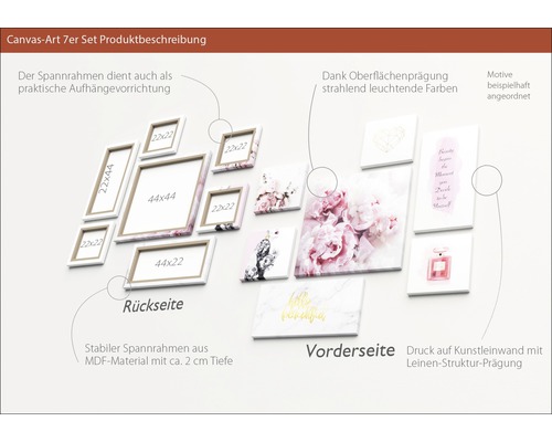 Canvas Art 7er Set Produktbeschreibung mit Rahmen in verschiedenen Größen und Motiven
