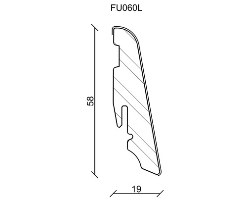 Abmessungen des Sockelleistenprofils FU060L: 58 mm Höhe, 19 mm Tiefe