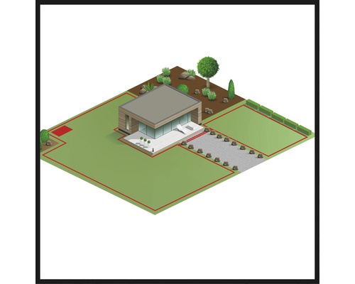 Darstellung eines Grundstücks mit Haus, Garten und Grundstücksgrenze.