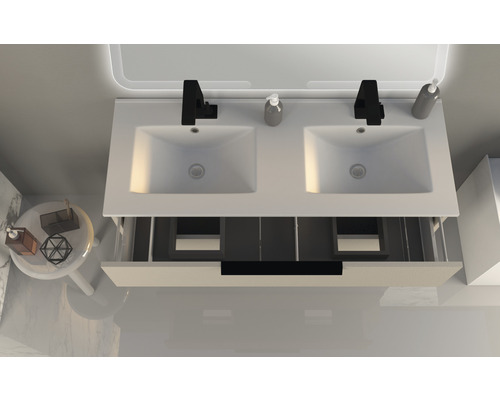 Waschtisch mit zwei Waschbecken und geöffneter Schublade von oben