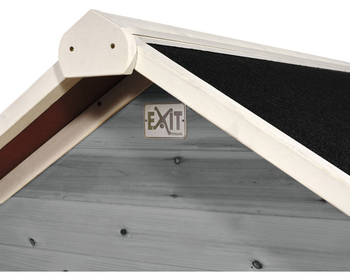 Detailansicht eines Gartenhauses aus Holz mit EXIT Toys Logo.