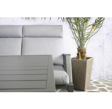 Detailansicht eines grauen Gartentisches, einer grauen Gartenbank und einer Pflanze im Topf