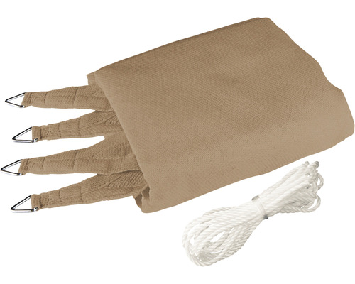 Beiges Sonnensegel mit Spannseilen und dreieckigen Befestigungsringen.