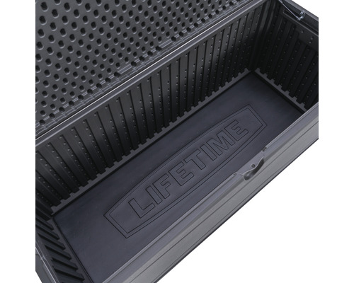 Innenansicht einer Kunststoff-Gartenbox mit Lifetime Logo