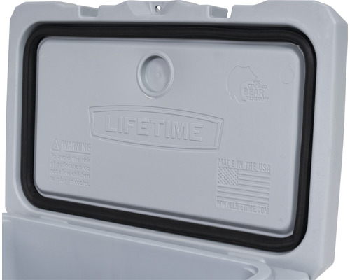 Deckel eines Kühlers mit Dichtung, Lifetime Logo und Hinweis auf Bärenresistenz.