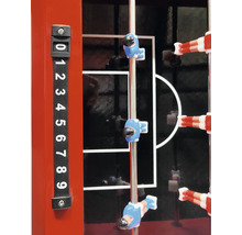 Detailansicht eines Tischfußballtisches mit Torzähler und Spielfiguren.
