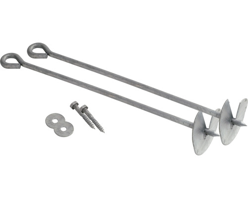 Zwei Erdschrauben mit Schrauben und Unterlegscheiben