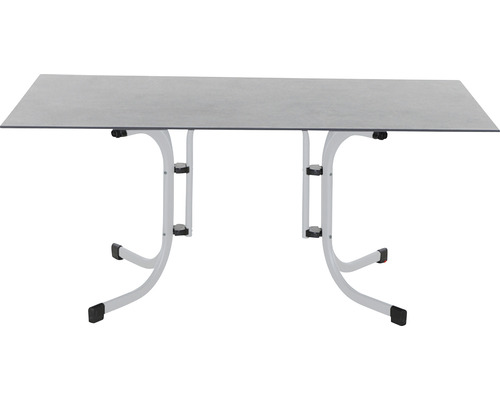 Grauer Klapptisch mit weißem Metallgestell.