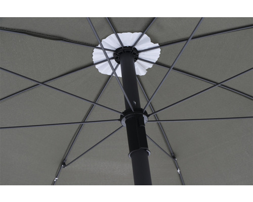 Detailansicht von der Unterseite eines Sonnenschirms mit Gestell und Bezug