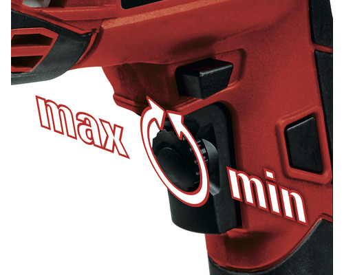 Nahaufnahme eines Drehreglers mit den Aufschriften ''max'' und ''min'' an einem Elektrowerkzeug.
