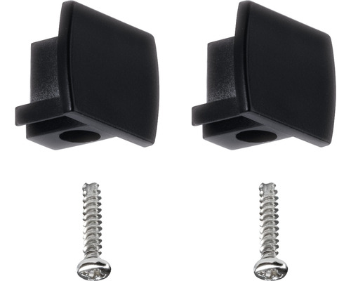 Zwei schwarze Rollladen-Endkappen mit Schrauben