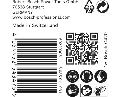 Produktverpackungsaufdruck mit Informationen zu Robert Bosch Power Tools GmbH, Herstellungsort Schweiz, Barcode, QR-Code und Sicherheitshinweisen