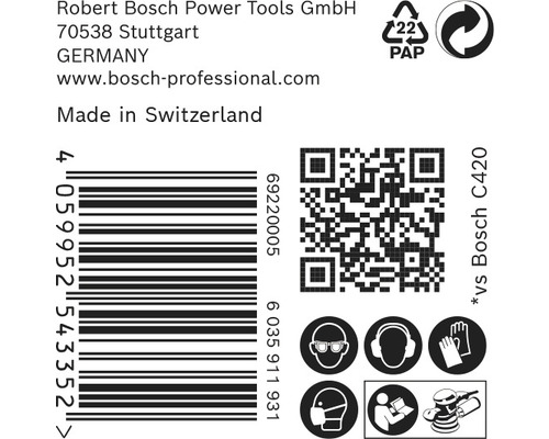 Informationen zu Robert Bosch Power Tools GmbH, Barcode, QR-Code und erforderlicher Schutzausrüstung