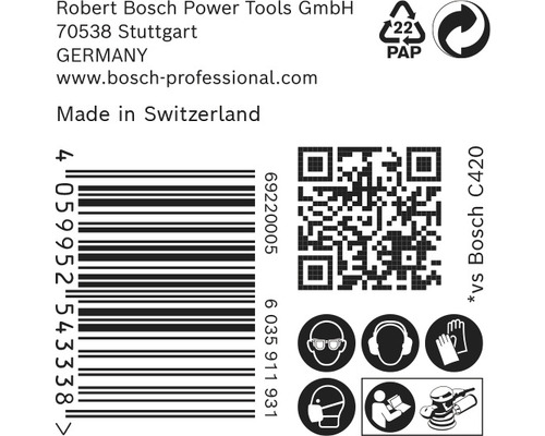 Produktverpackung mit Informationen zu Hersteller, Herkunft, Barcode, QR-Code und Sicherheitshinweisen