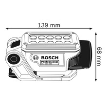 Bosch Logo. Abmessungen der Akku-Baustellenleuchte: 139 mm breit und 68 mm hoch.