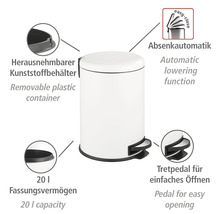 Weißer Tretabfalleimer mit 20 Liter Fassungsvermögen und herausnehmbarem Kunststoffeinsatz