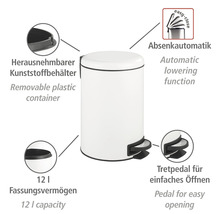 Weißer Treteimer mit einem Fassungsvermögen von 12 Litern, herausnehmbarem Kunststoffeinsatz und Absenkautomatik