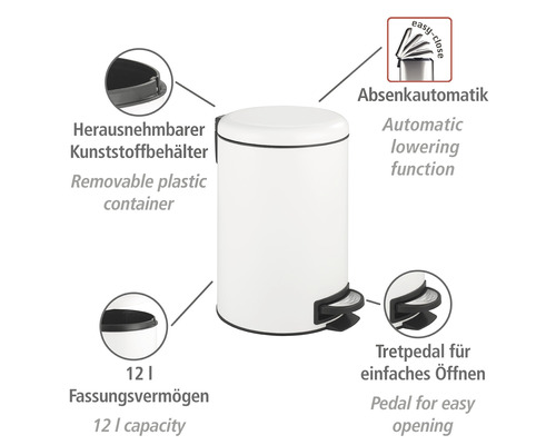 Weißer Treteimer mit einem Fassungsvermögen von 12 Litern, herausnehmbarem Kunststoffeinsatz und Absenkautomatik