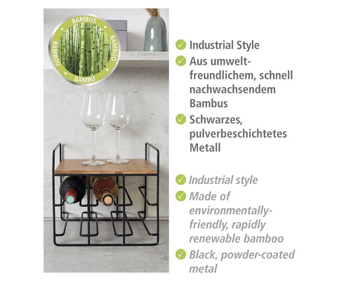 Weinregal mit zwei Weingläsern und drei Weinflaschen, aus Bambus und Metall