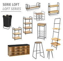 Kollage verschiedener Möbelstücke der Serie Loft, darunter Regale, Hocker und Wäschekörbe
