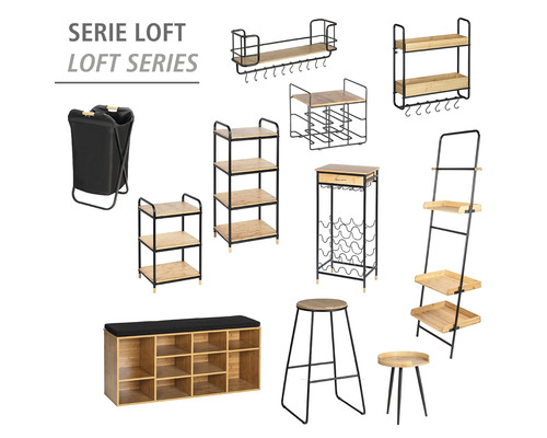 Kollage verschiedener Möbelstücke der Serie Loft, darunter Regale, Hocker und Wäschekörbe