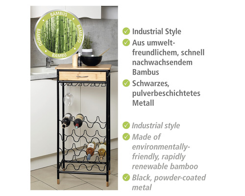 Weinregal aus Bambus und Metall im Industriestil mit Schublade und Gläserhalter