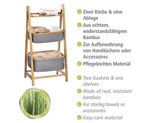 Badezimmerregal aus Bambus mit zwei Körben und einem Regal zur Aufbewahrung von Handtüchern oder Accessoires