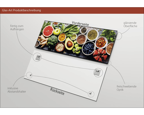Glasbild mit Obst und Gemüse Motiv, inklusive Abstandshalter zur Wandmontage