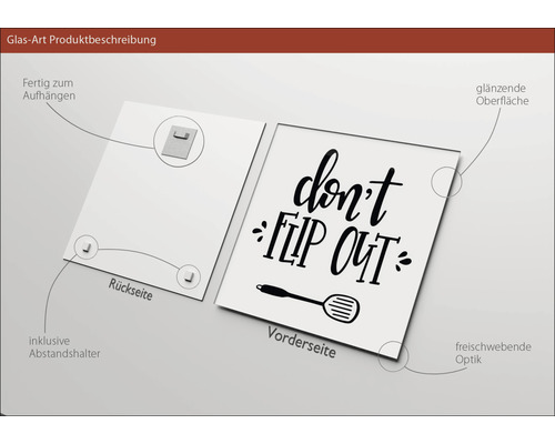 Glasbild mit dem Schriftzug Don''t Flip Out sowie einem Kochlöffel, inklusive Abstandshalter