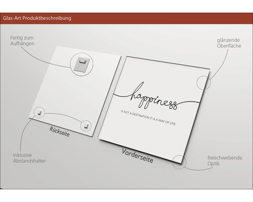 Glasbild mit dem Schriftzug happiness, inklusive Halterung