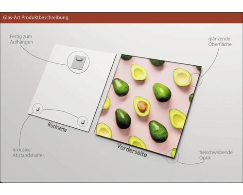 Glasbild mit Avocadomuster, inklusive Aufhängung und Abstandshalter