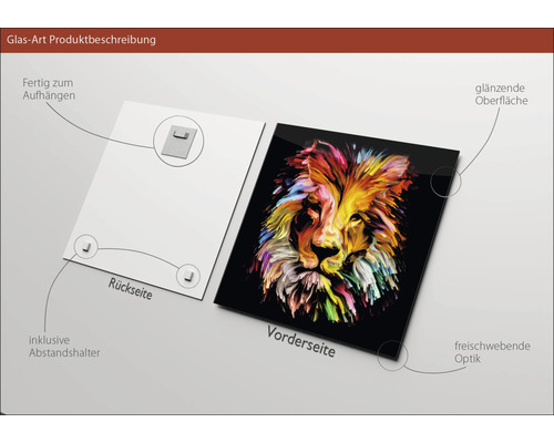 Glasbild mit Löwenmotiv, inklusive Abstandshalter und Aufhängevorrichtung