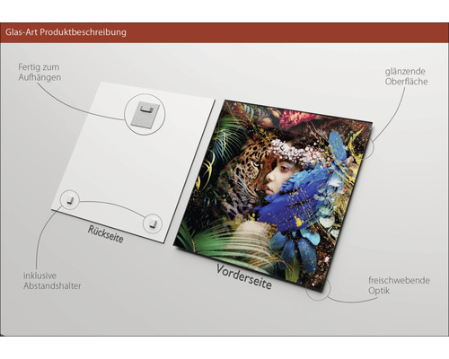 Glasbild mit Aufhängevorrichtung, Abstandshalter, glänzender Oberfläche und schwebender Optik