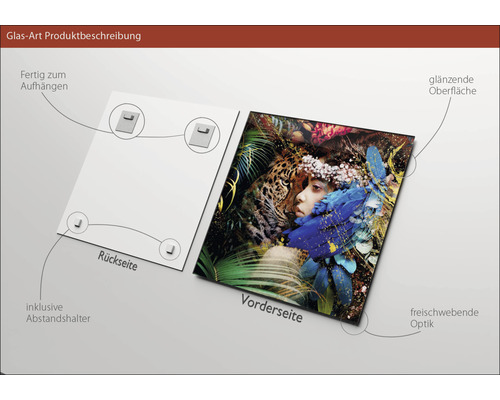 Glasbild Produktbeschreibung: Vorderseite mit Motiv und Rückseite mit Aufhängung.