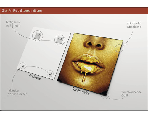 Produktbeschreibung Glasbild: Vorder- und Rückseite mit Aufhängung und Abstandshalter