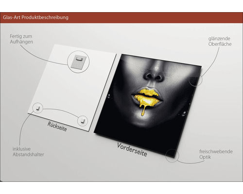 Glasbild mit einer Frau mit goldenen Lippen, inklusive Abstandshalter, glänzende Oberfläche, Rückseite und freischwebende Optik