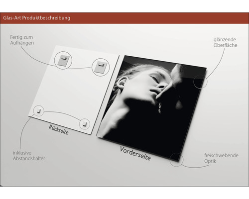 Glasbild mit glänzender Oberfläche, inklusive Abstandshalter und Aufhängung