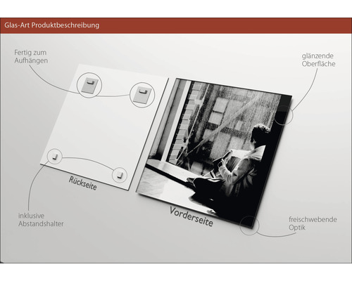 Glasbild Produktbeschreibung: Rückseite mit Halterungen und Vorderseite mit glänzender Oberfläche.