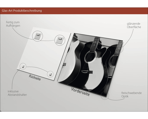 Glasbild mit Gitarrenmotiv, inklusive Aufhängung und Abstandshalter
