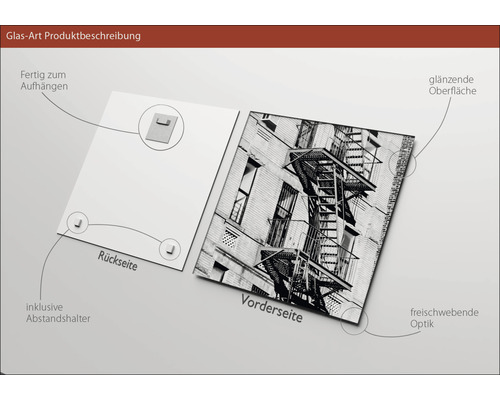 Glasbild mit glänzender Oberfläche, inklusive Abstandshalter und Aufhängevorrichtung