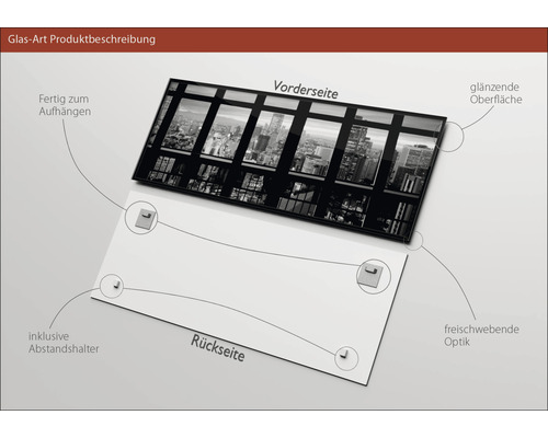 Glasbild mit glänzender Oberfläche, inklusive Abstandshalter zur Aufhängung