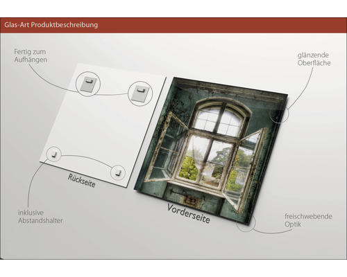 Glasbild mit Fenster Motiv, inklusive Wandhalterung für die einfache Montage