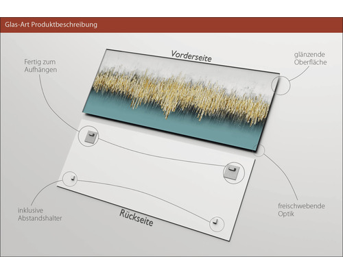 Glasbild mit glänzender Oberfläche, inklusive Abstandshalter und Aufhängevorrichtung