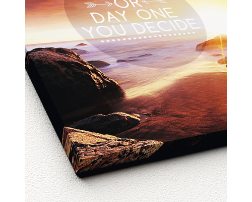 Leinwandbild mit Strandmotiv und Motivationsspruch